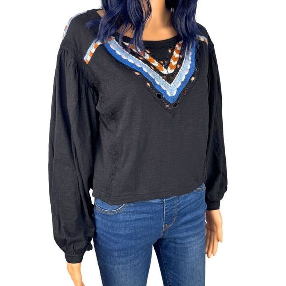 Free People NEW NWT Black Blouse with Blue and Brown Accents - Picture 3 of 7